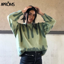 Load image into Gallery viewer, Aproms Elegant Green Striped Print Oversized Pullovers Women Winter O-Neck Loose Long Sweaters Streetwear Warm Outerwear 2020