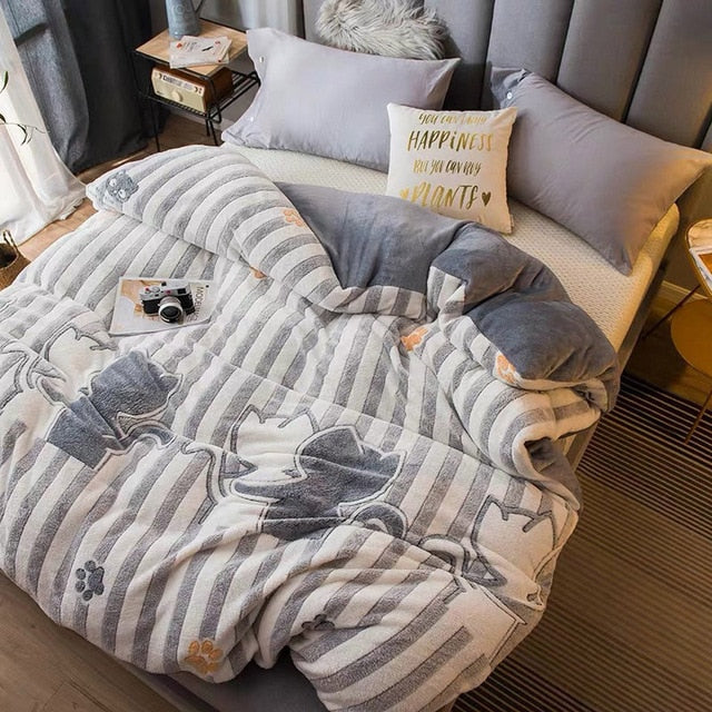 JUSTCHIC Winter Double-sided Thickened Snow Fleece Quilt Cover Cute Cartoon Baby Duvet Cover Sofa Blanket AB Version