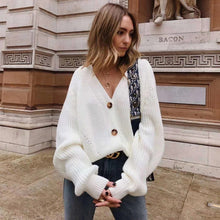 Load image into Gallery viewer, Zoki Women Knitted Cardigans Sweater Fashion Autumn Long Sleeve Loose Coat Casual Button Thick V Neck Solid Female Tops 2020
