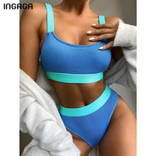 Load image into Gallery viewer, INGAGA High Waist Bikinis 2021 Swimsuits Bandeau Swimwear Women Splicing Biquini Beachwear Sports Ribbed Bathing Suits New
