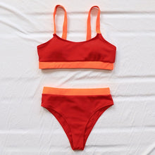 Load image into Gallery viewer, INGAGA High Waist Bikinis 2021 Swimsuits Bandeau Swimwear Women Splicing Biquini Beachwear Sports Ribbed Bathing Suits New
