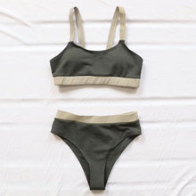 Load image into Gallery viewer, INGAGA High Waist Bikinis 2021 Swimsuits Bandeau Swimwear Women Splicing Biquini Beachwear Sports Ribbed Bathing Suits New
